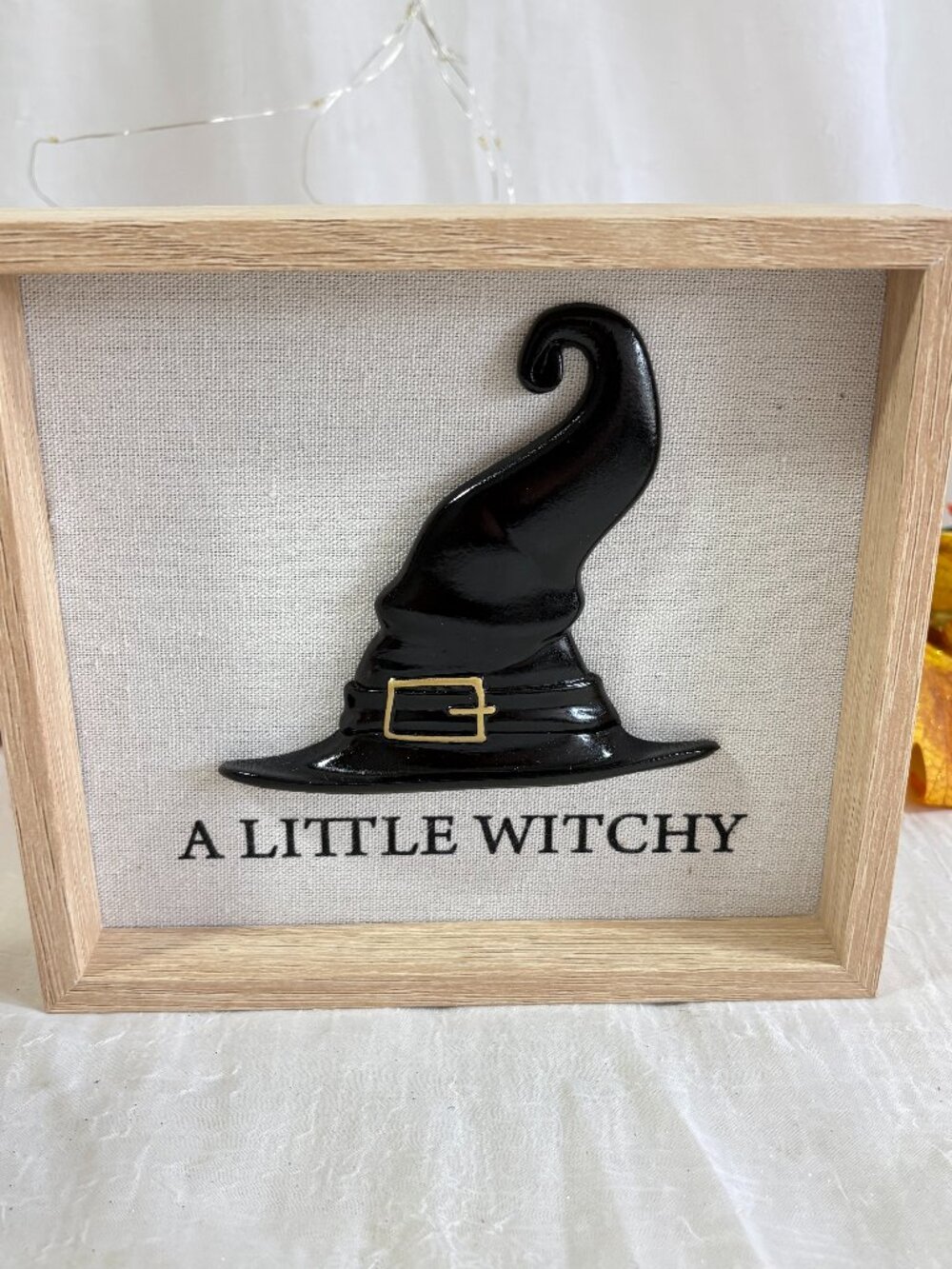 Halloween Framed Witch Hat Sign A LITTLE WITCHY 3 D HAT T table or mantle New
